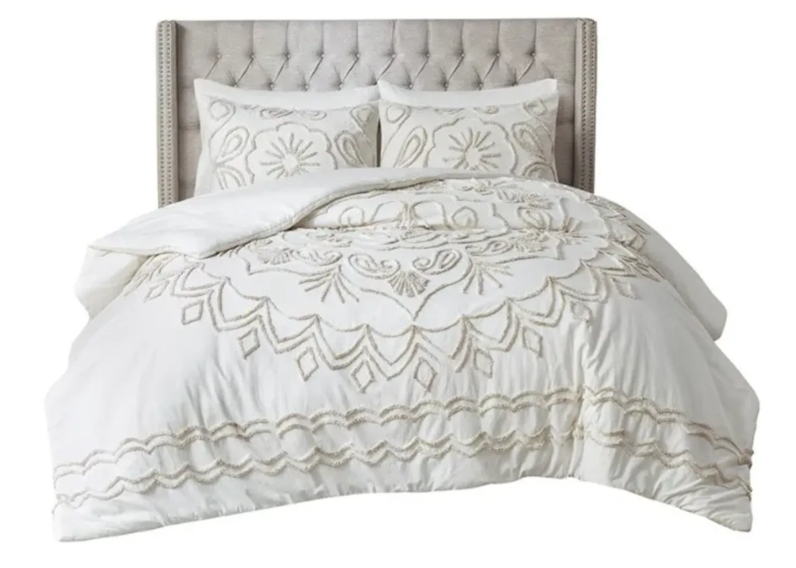 Olliix by Madison Park Violette 3 Piece Ivory and Taupe Full/Queen Tufted Cotton Chenille Comforter Set