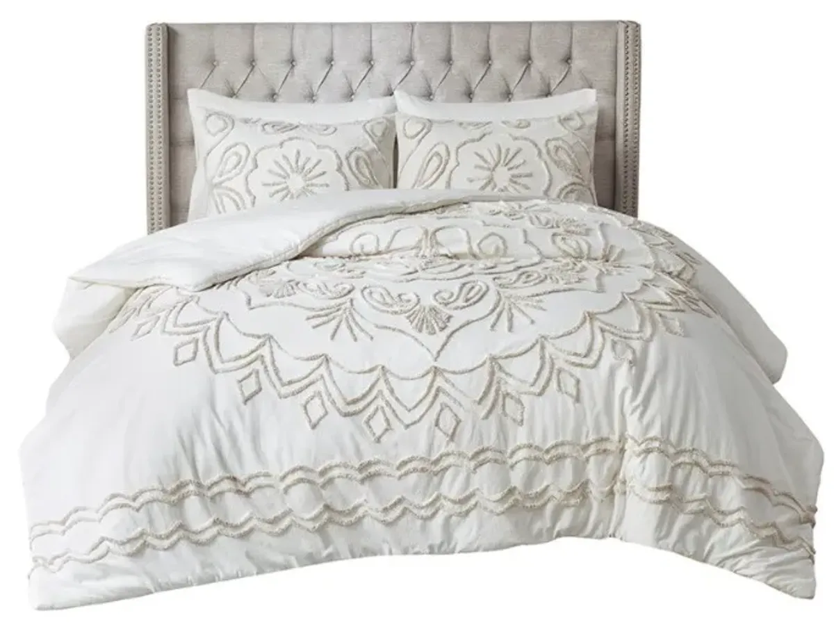 Olliix by Madison Park Violette 3 Piece Ivory and Taupe Full/Queen Tufted Cotton Chenille Comforter Set