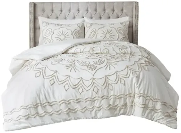 Olliix by Madison Park Violette 3 Piece Ivory and Taupe Full/Queen Tufted Cotton Chenille Comforter Set