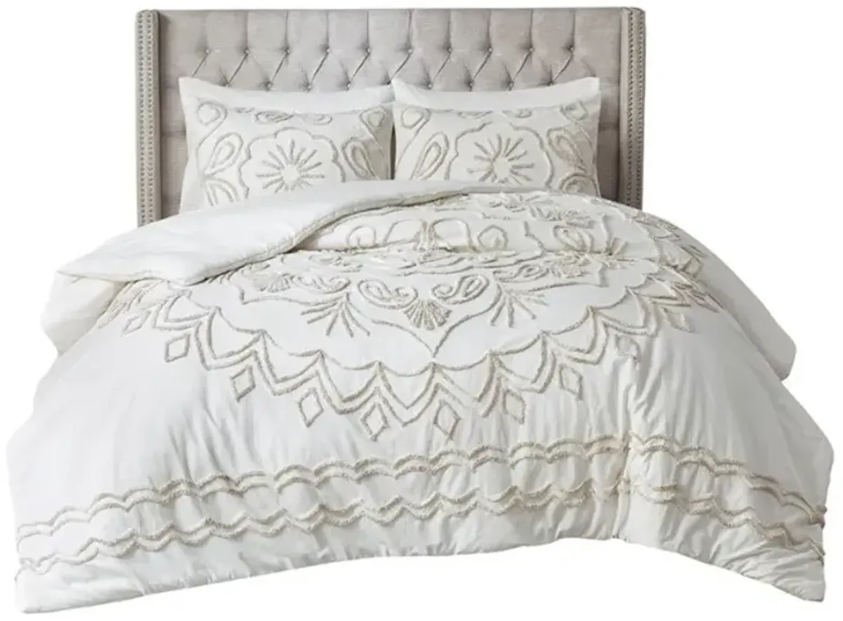 Olliix by Madison Park Violette 3 Piece Ivory and Taupe King/California King Tufted Cotton Chenille Comforter Set