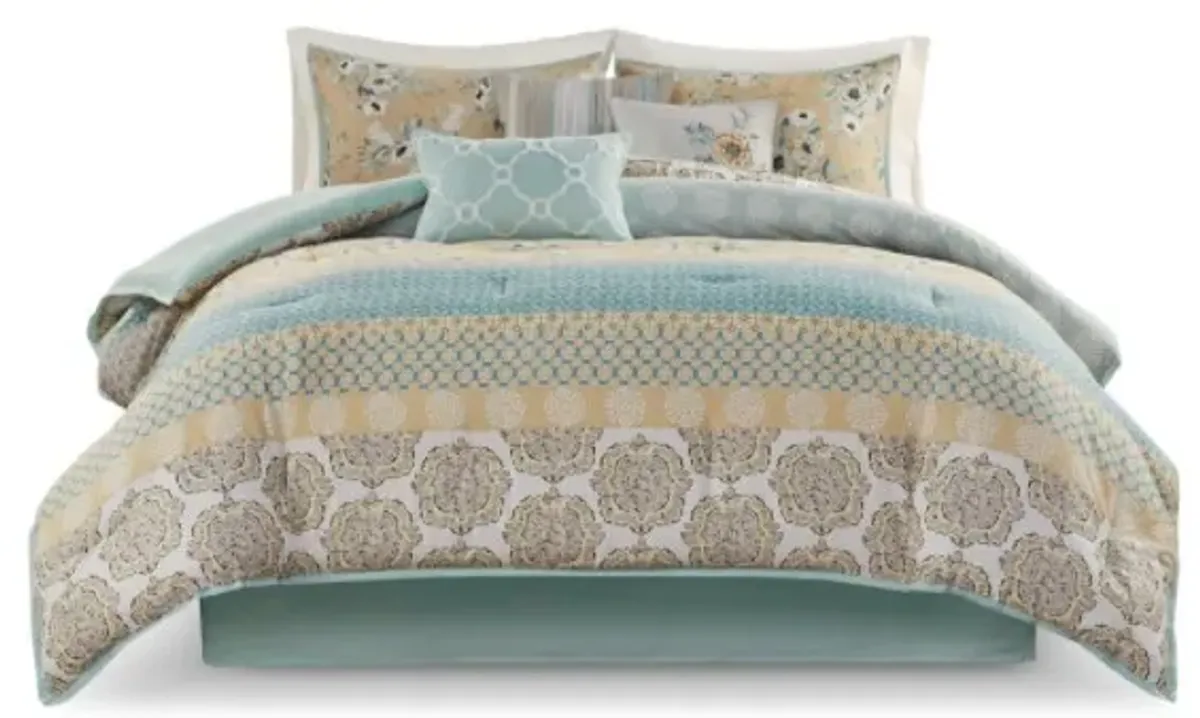 Olliix by Madison Park Willa 7 Piece Green Queen Cotton Printed Comforter Set Madison Park