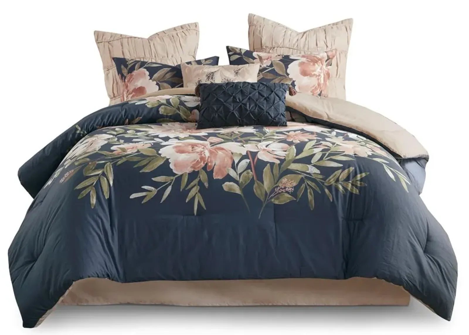 Olliix by Madison Park Camillia 8 Piece Navy Queen Cotton Comforter Set