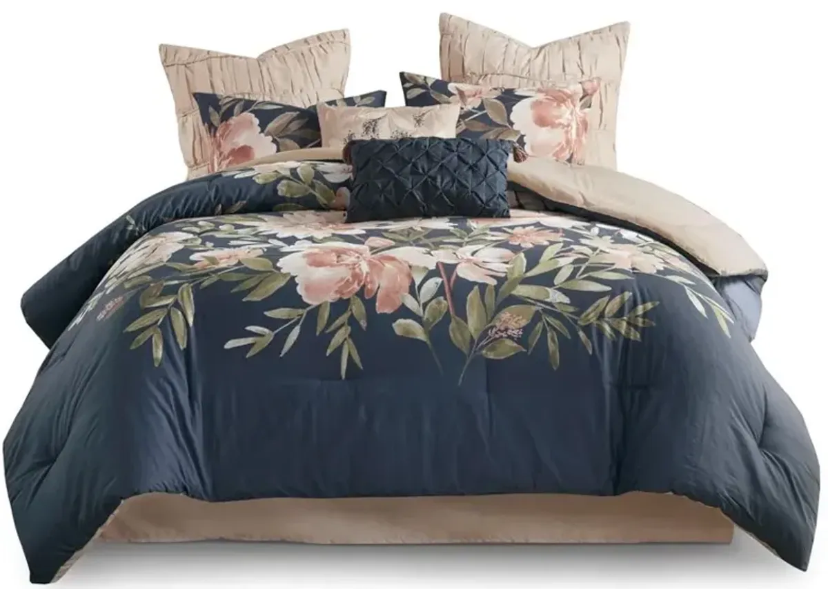 Olliix by Madison Park Camillia 8 Piece Navy Queen Cotton Comforter Set