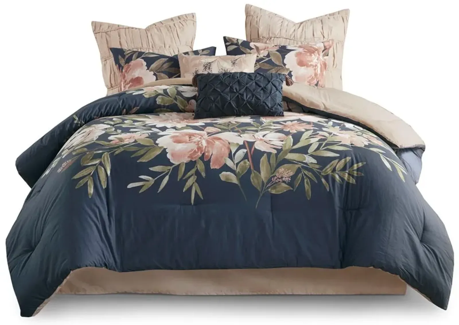 Olliix by Madison Park Camillia 8 Piece Navy King Cotton Comforter Set