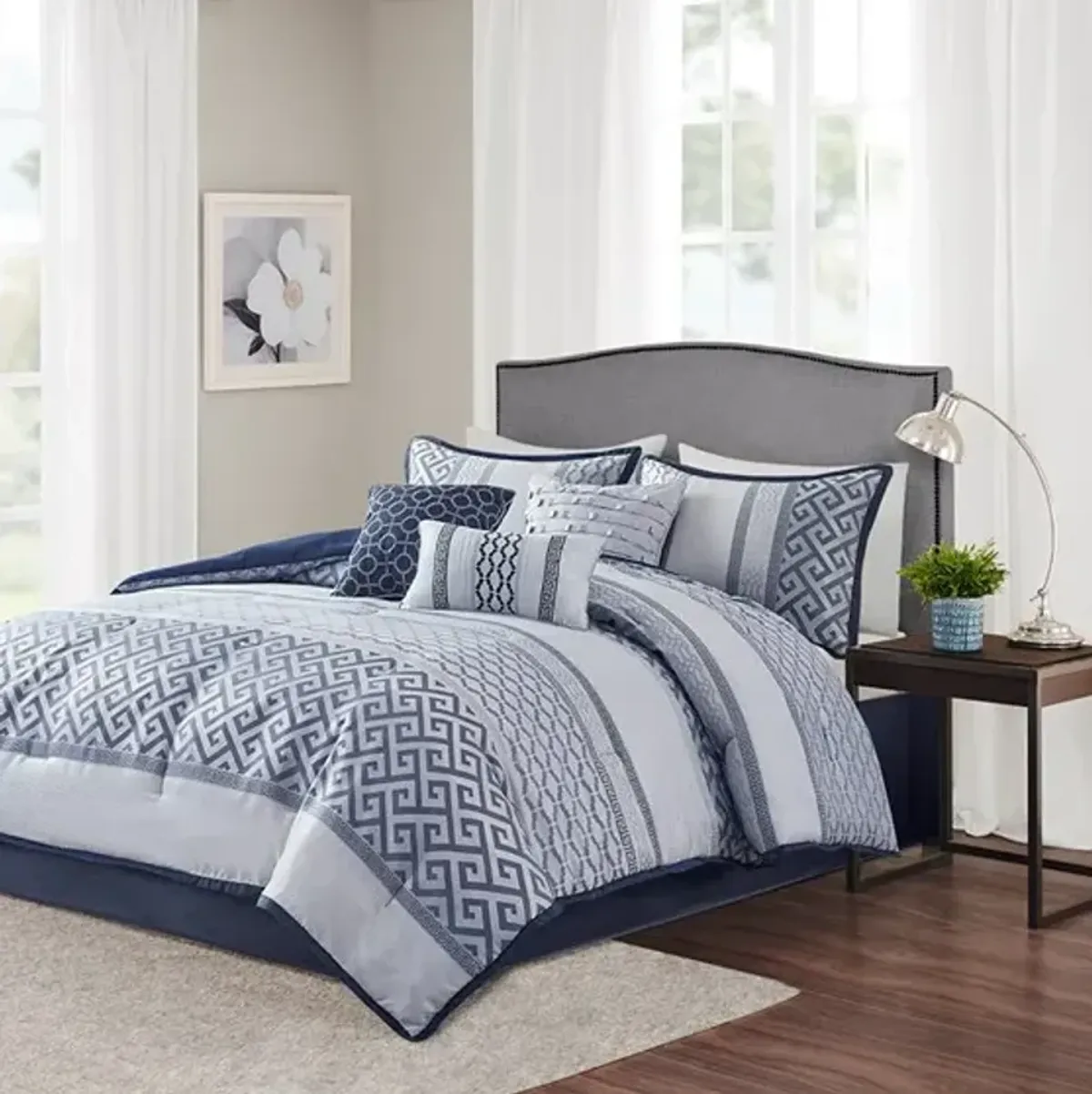 Olliix by Madison Park Bennett 7 Piece Navy Queen Jacquard Comforter Set