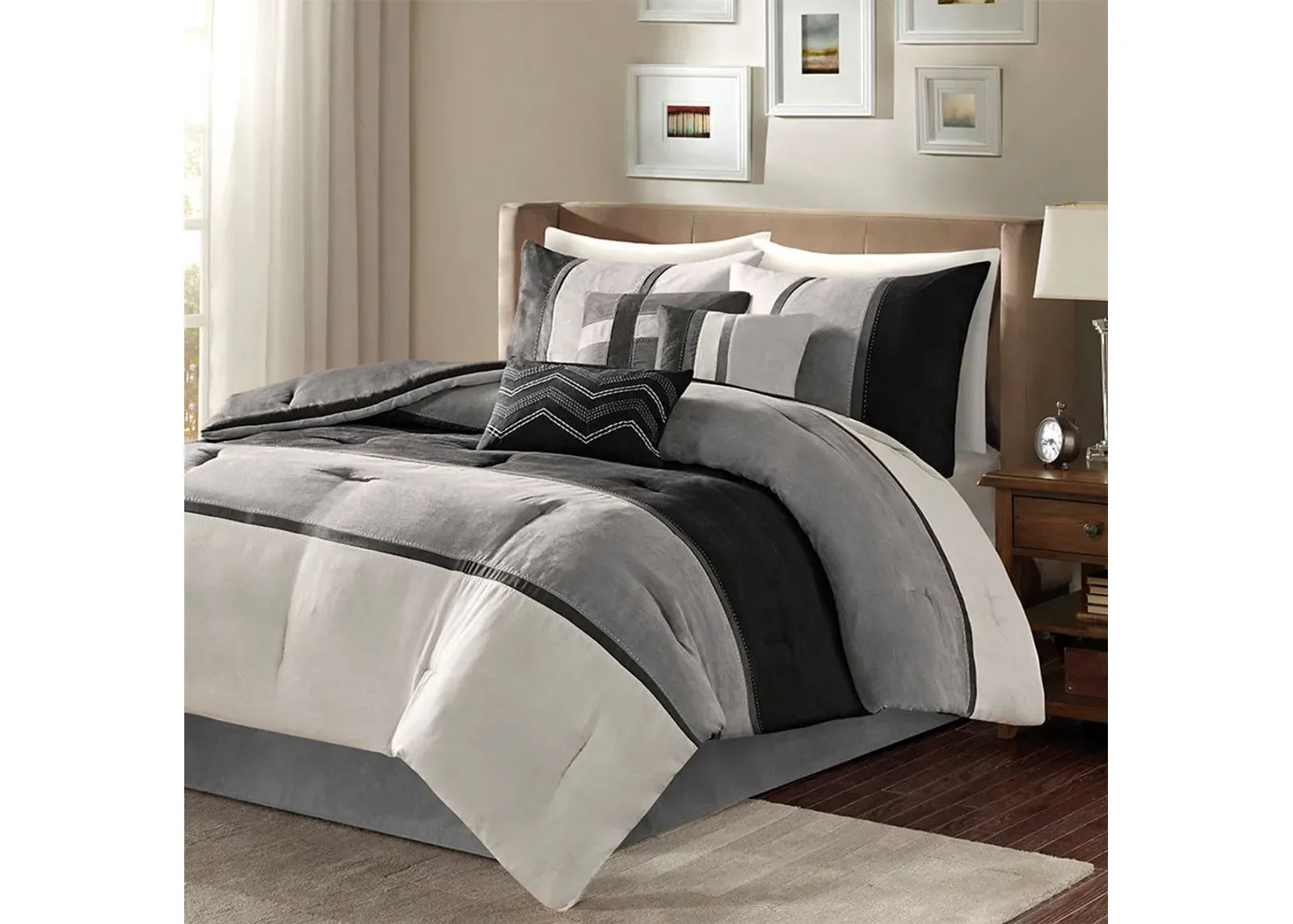 Olliix by Madison Park Palisades Black Queen Seven Piece Faux Suede Comforter Set