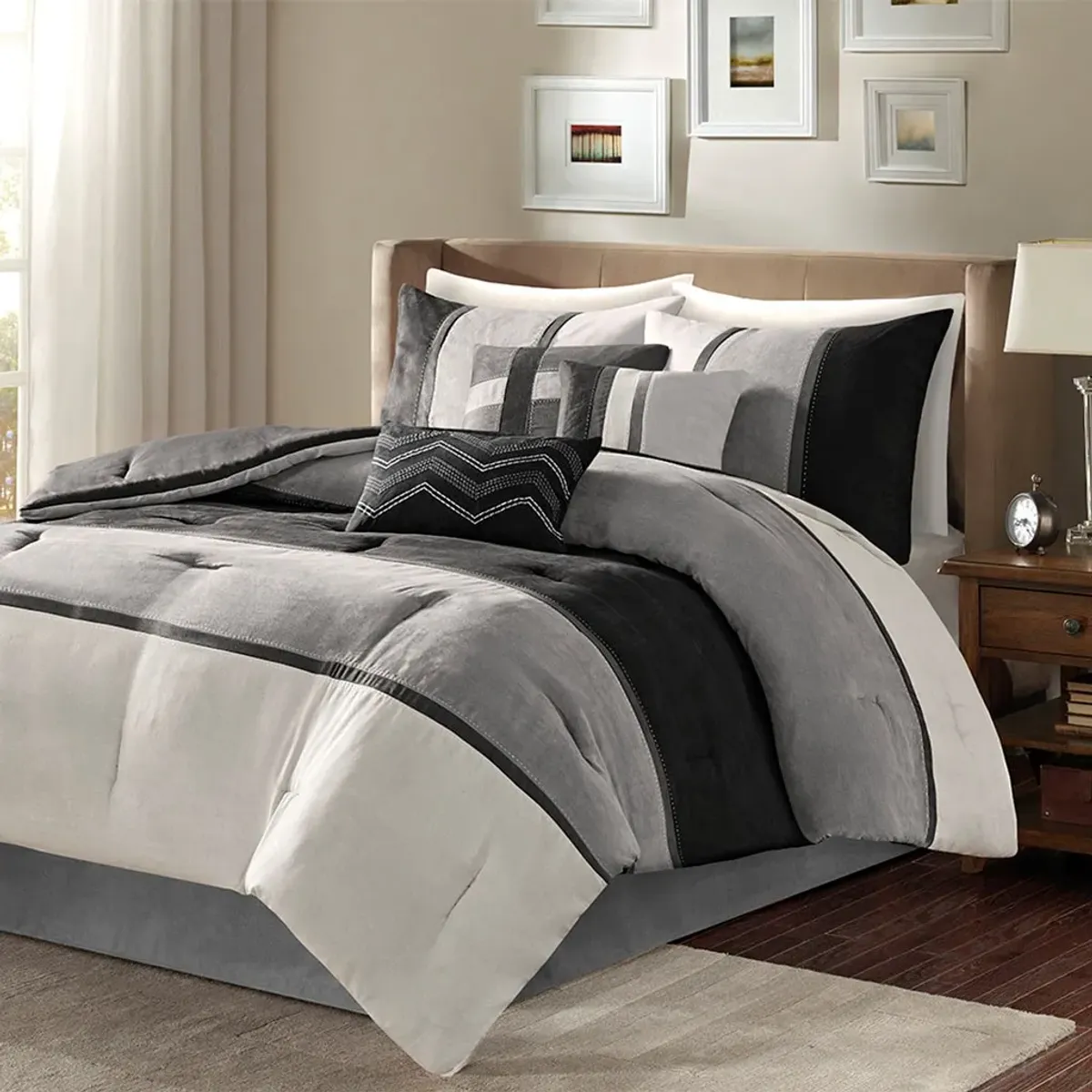 Olliix by Madison Park Palisades Black Queen Seven Piece Faux Suede Comforter Set