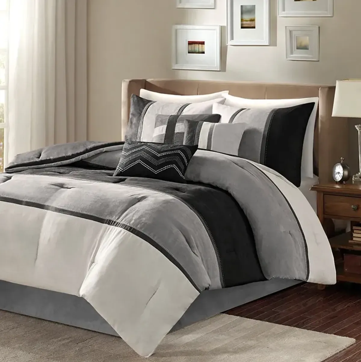 Olliix by Madison Park Palisades Black King Seven Piece Faux Suede Comforter Set