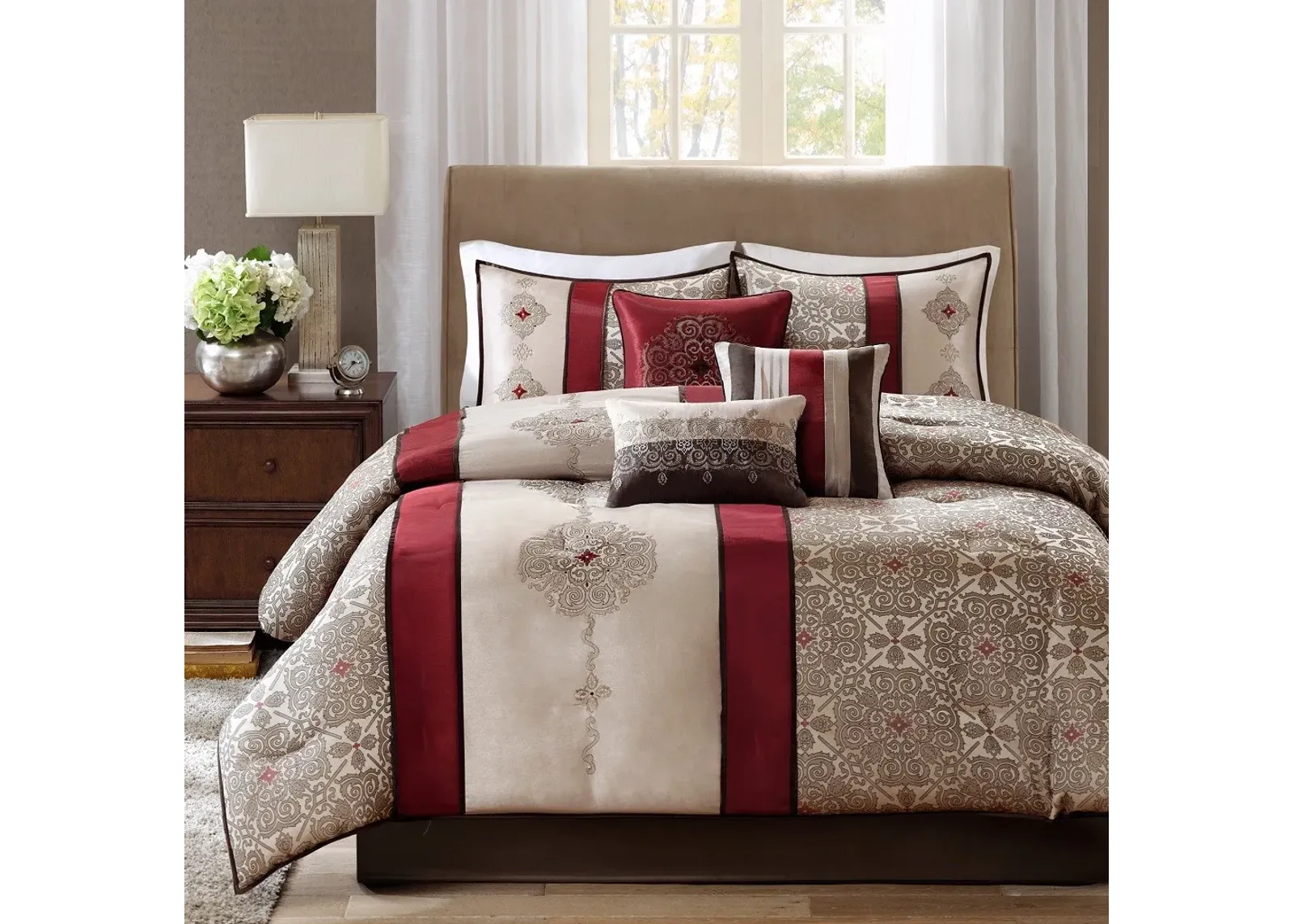 Olliix by Madison Park 7 Piece Red Queen Donovan Jacquard Comforter Set