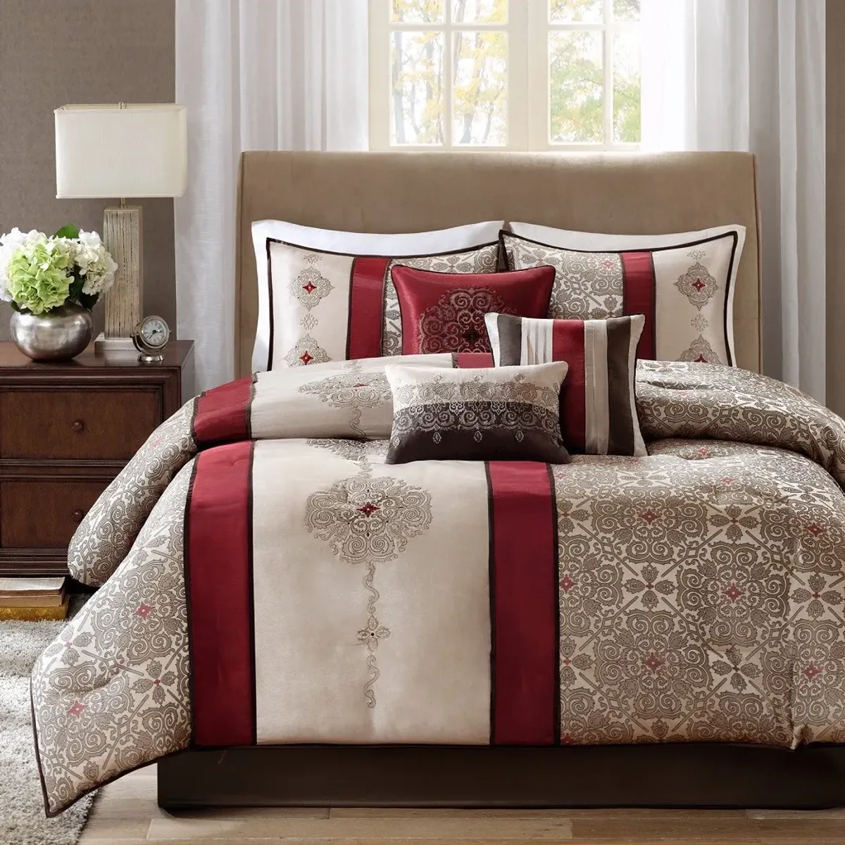 Olliix by Madison Park 7 Piece Red King Donovan Jacquard Comforter Set