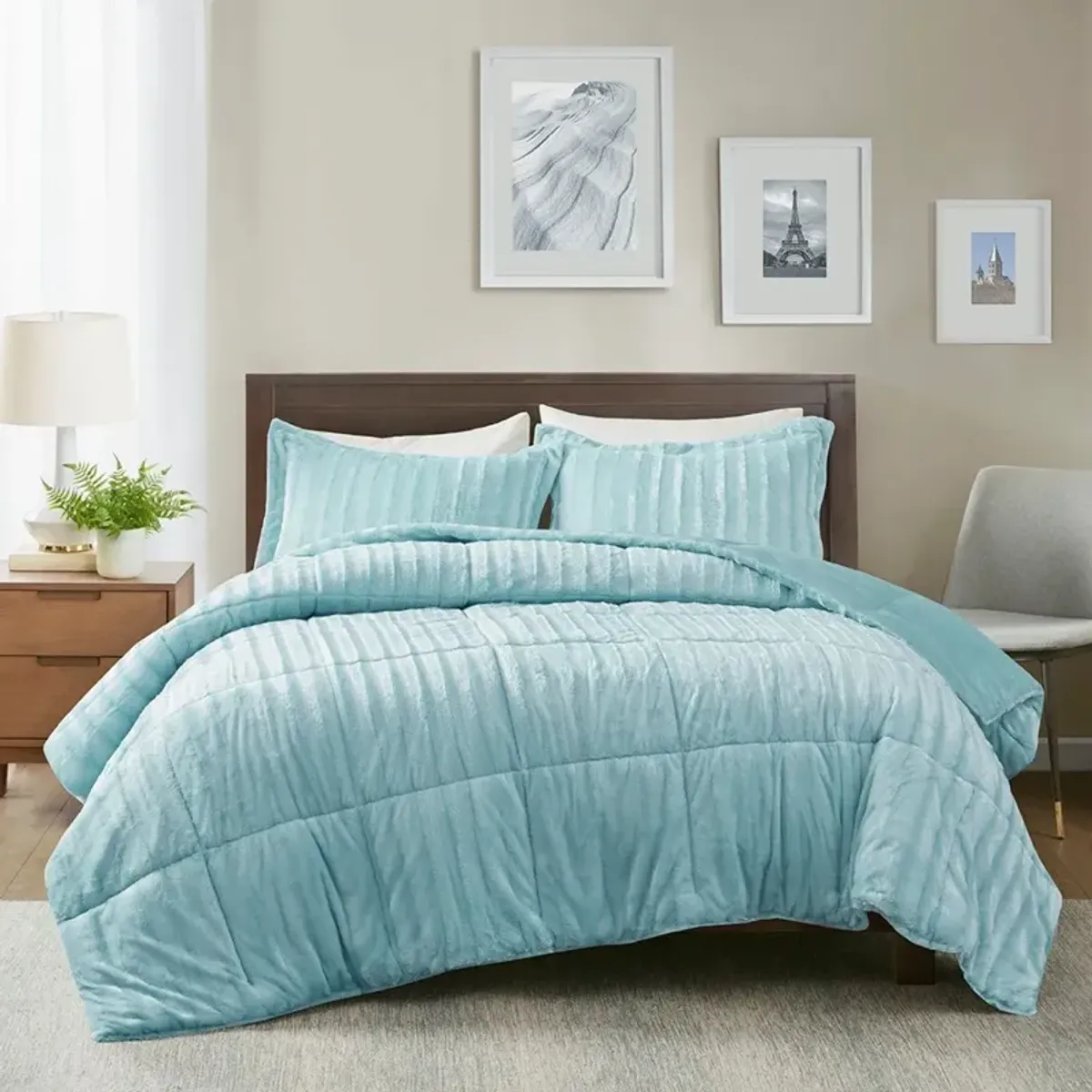 Olliix by Madison Park Duke Aqua Full/Queen Faux Fur Comforter Mini Set
