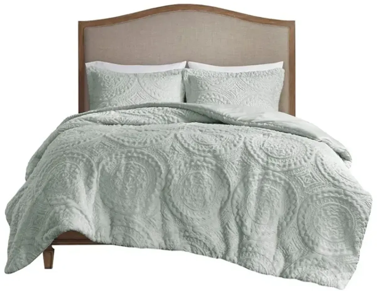 Olliix by Madison Park Arya Aqua Twin Embroidered Medallion Faux Fur Ultra Plush Comforter Mini Set