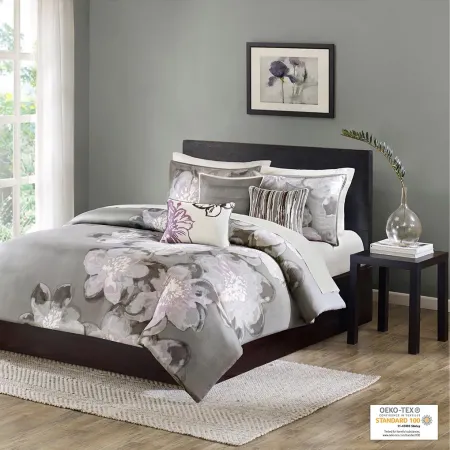 Olliix by Madison Park 6 Piece Grey Queen Serena Printed Duvet Cover Set