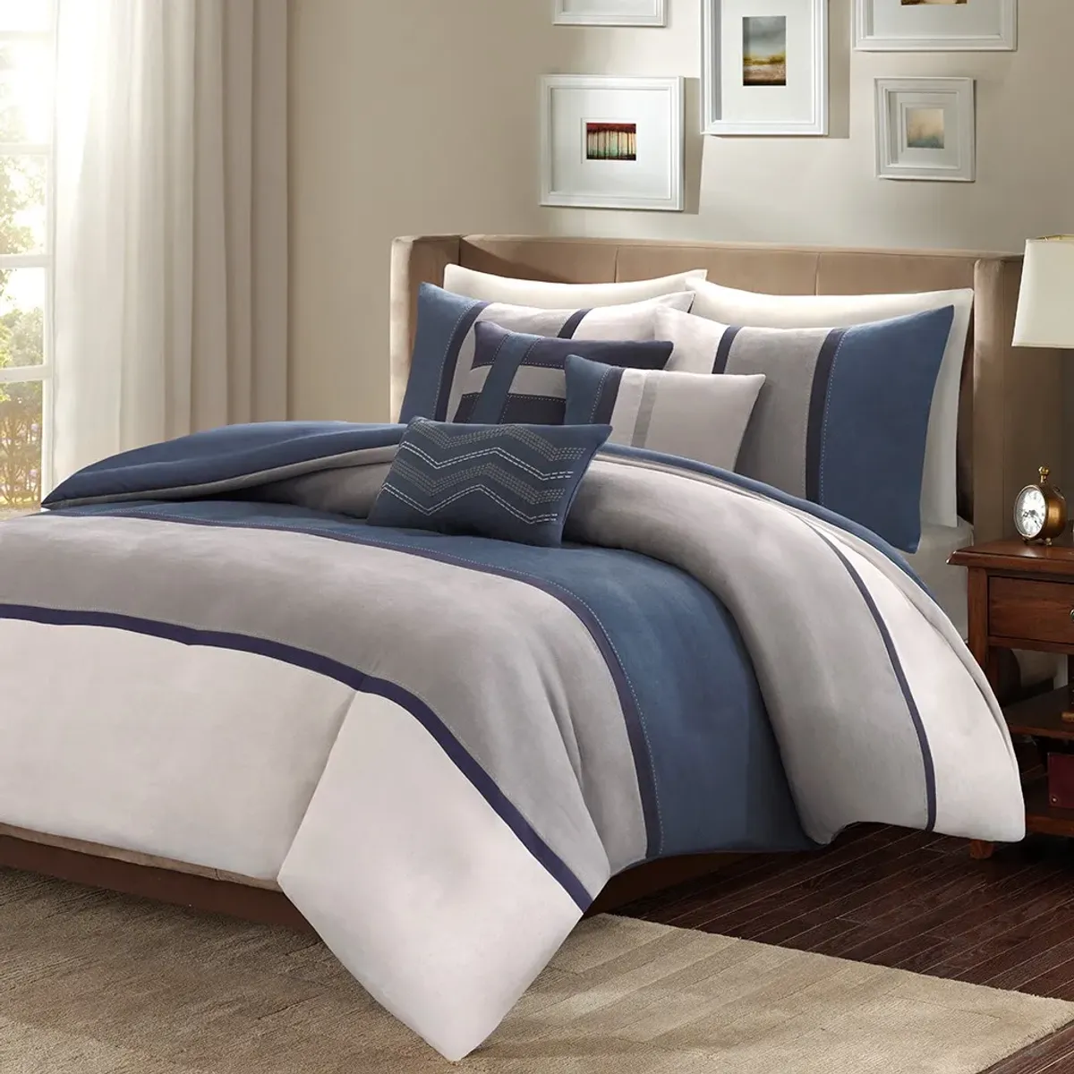 Olliix by Madison Park 6 Piece Blue Full/Queen Palisades Faux Suede Duvet Set