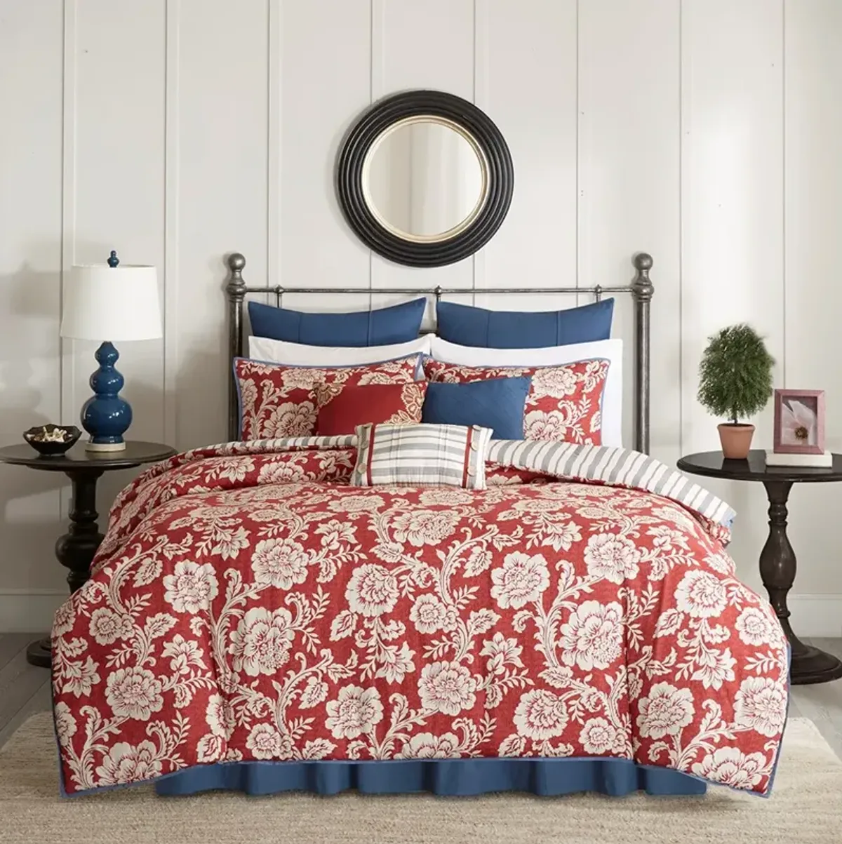 Olliix by Madison Park 9 Piece Red Queen Lucy Cotton Twill Reversible Duvet Set
