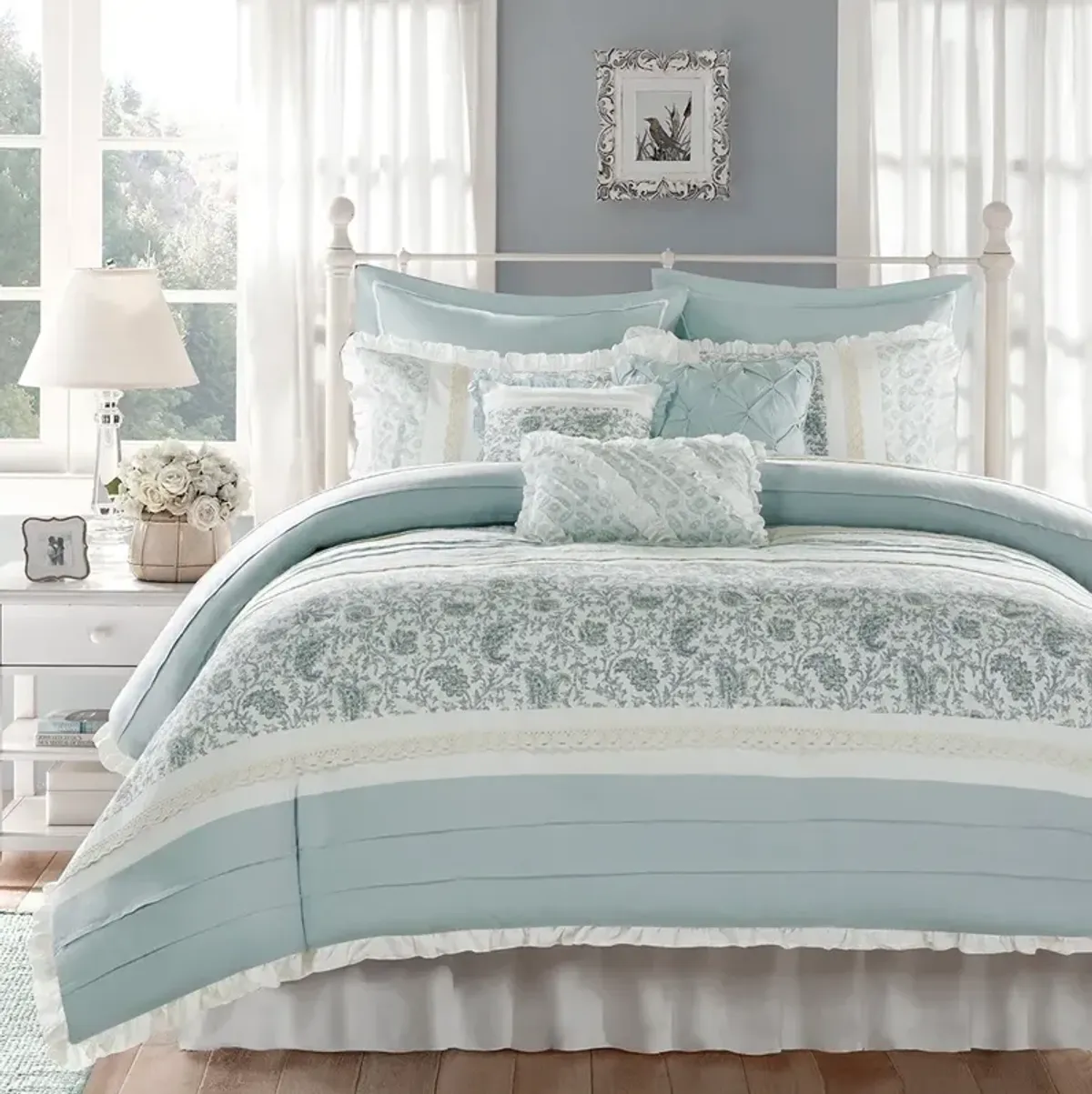 Olliix by Madison Park 9 Piece Blue Queen Dawn Cotton Percale Duvet Cover Set