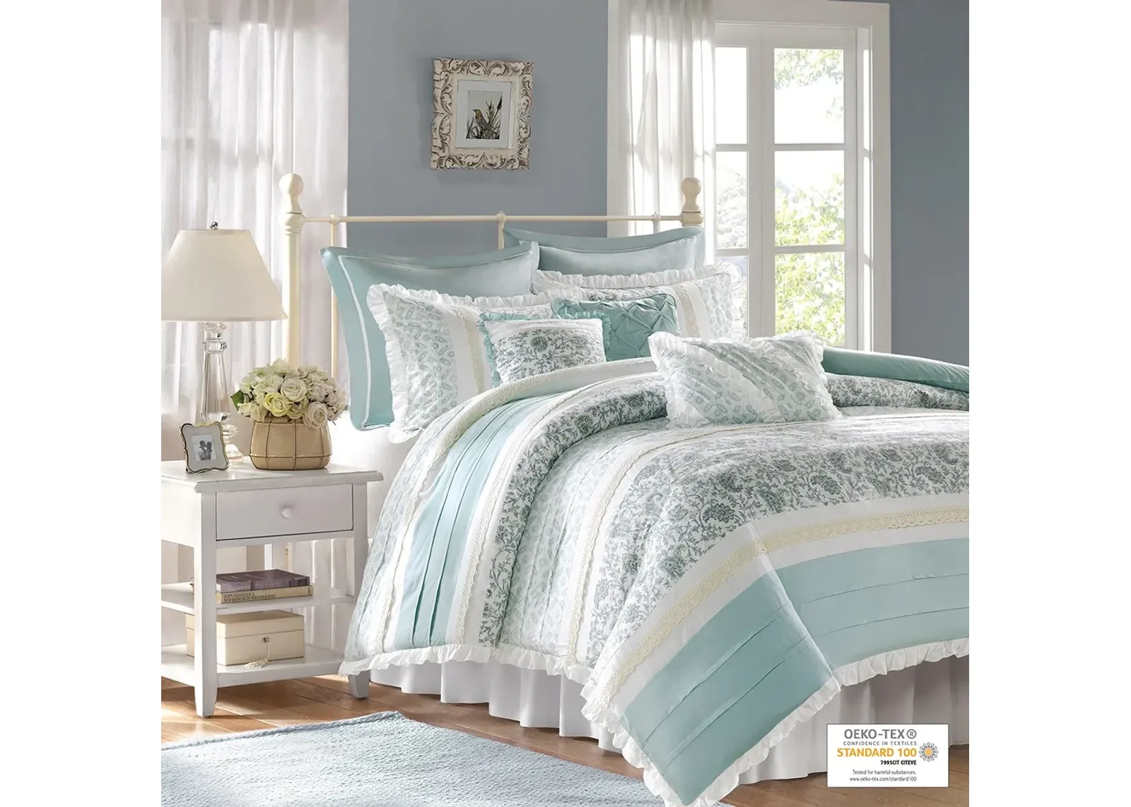 Olliix by Madison Park 9 Piece Blue Queen Dawn Cotton Percale Duvet Cover Set