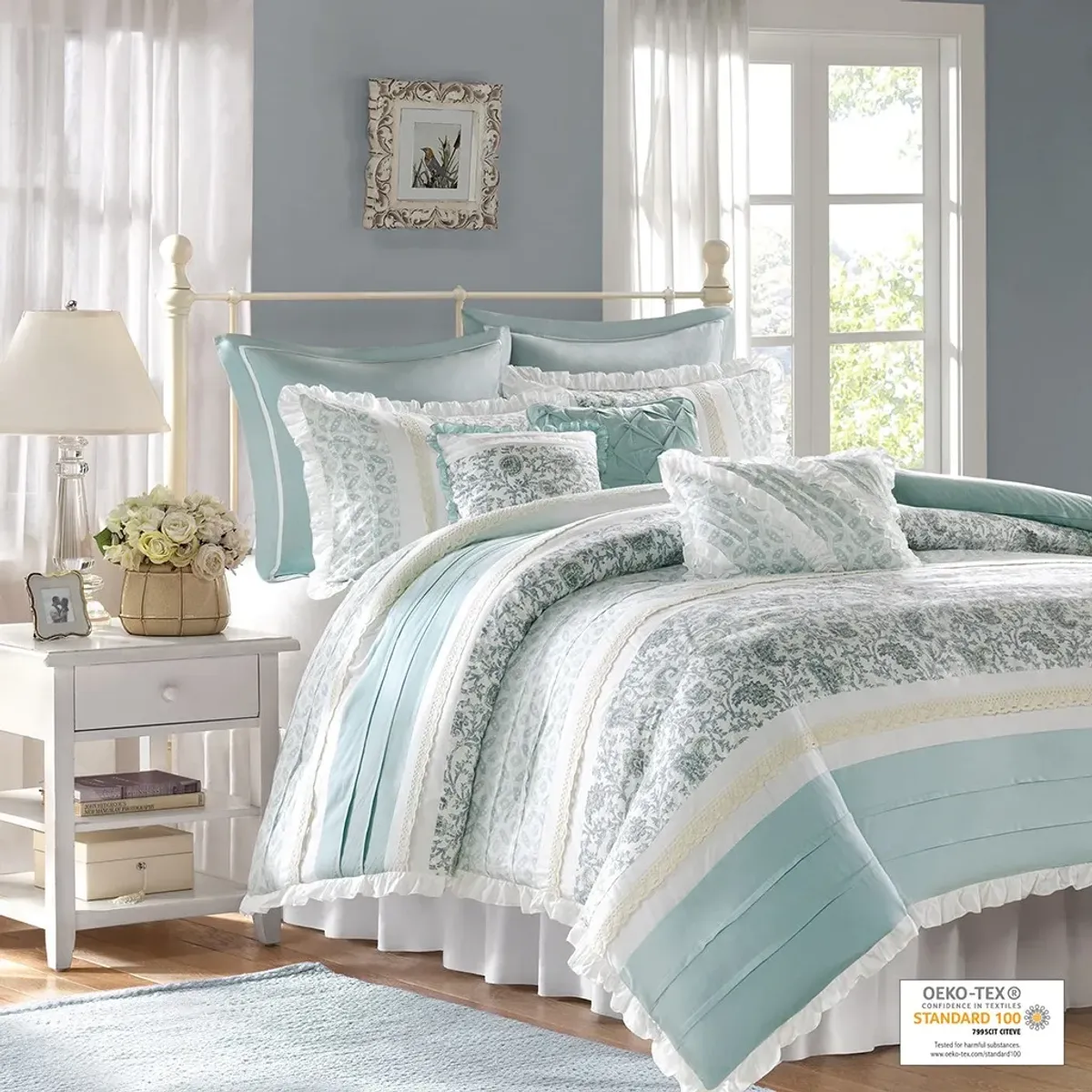 Olliix by Madison Park 9 Piece Blue Queen Dawn Cotton Percale Duvet Cover Set