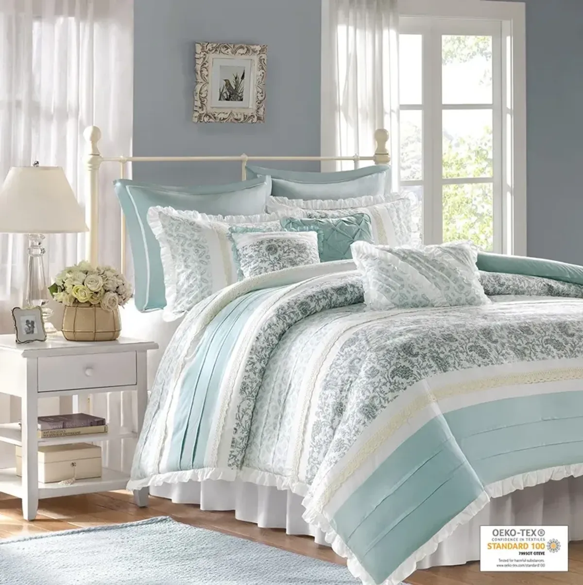 Olliix by Madison Park 9 Piece Blue Queen Dawn Cotton Percale Duvet Cover Set