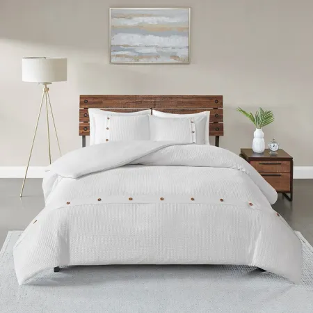 Olliix by Madison Park 3 Piece White Full/Queen Finley Cotton Waffle Weave Duvet Cover Set