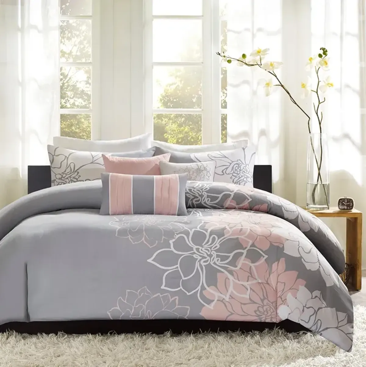 Olliix by Madison Park 6 Piece Grey/Blush Full/Queen Lola Printed Duvet Cover Set