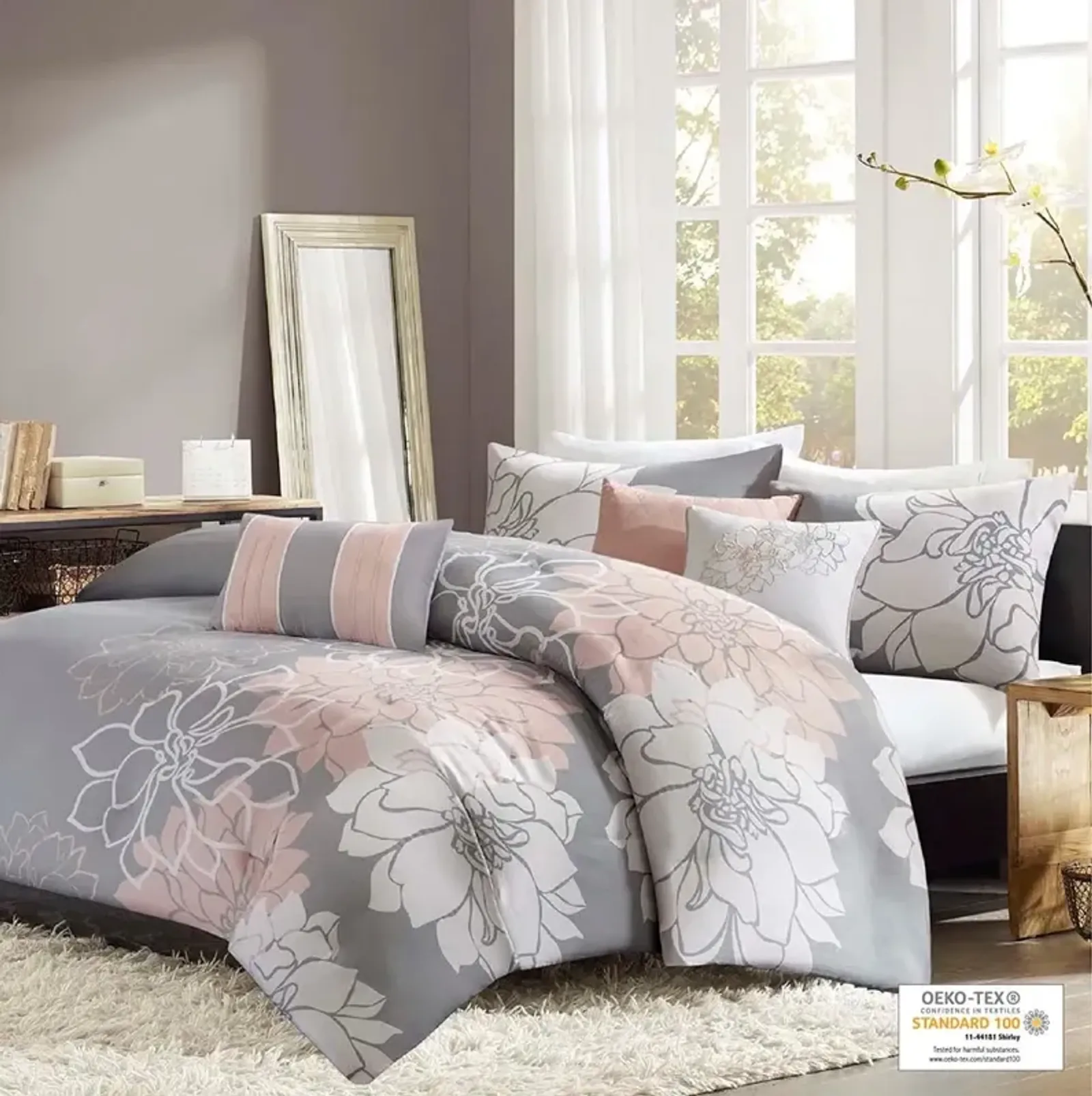 Olliix by Madison Park 6 Piece Grey/Blush Full/Queen Lola Printed Duvet Cover Set