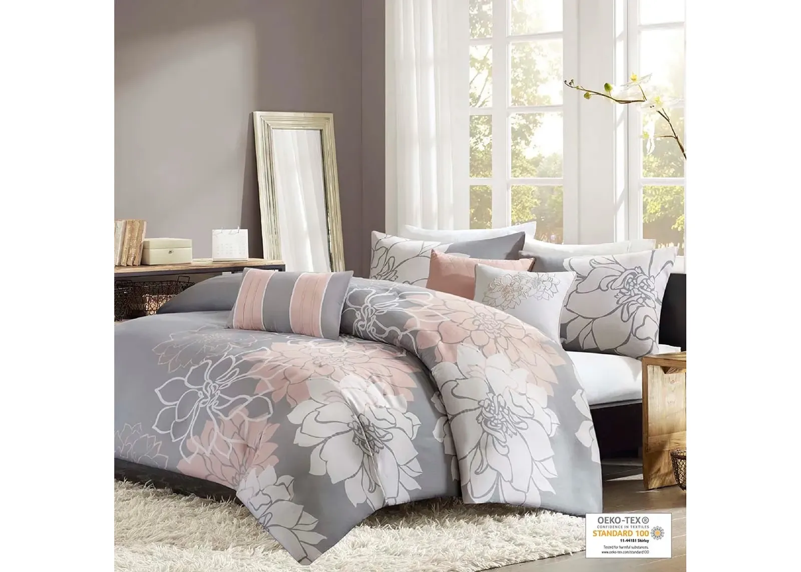 Olliix by Madison Park 6 Piece Grey/Blush Full/Queen Lola Printed Duvet Cover Set