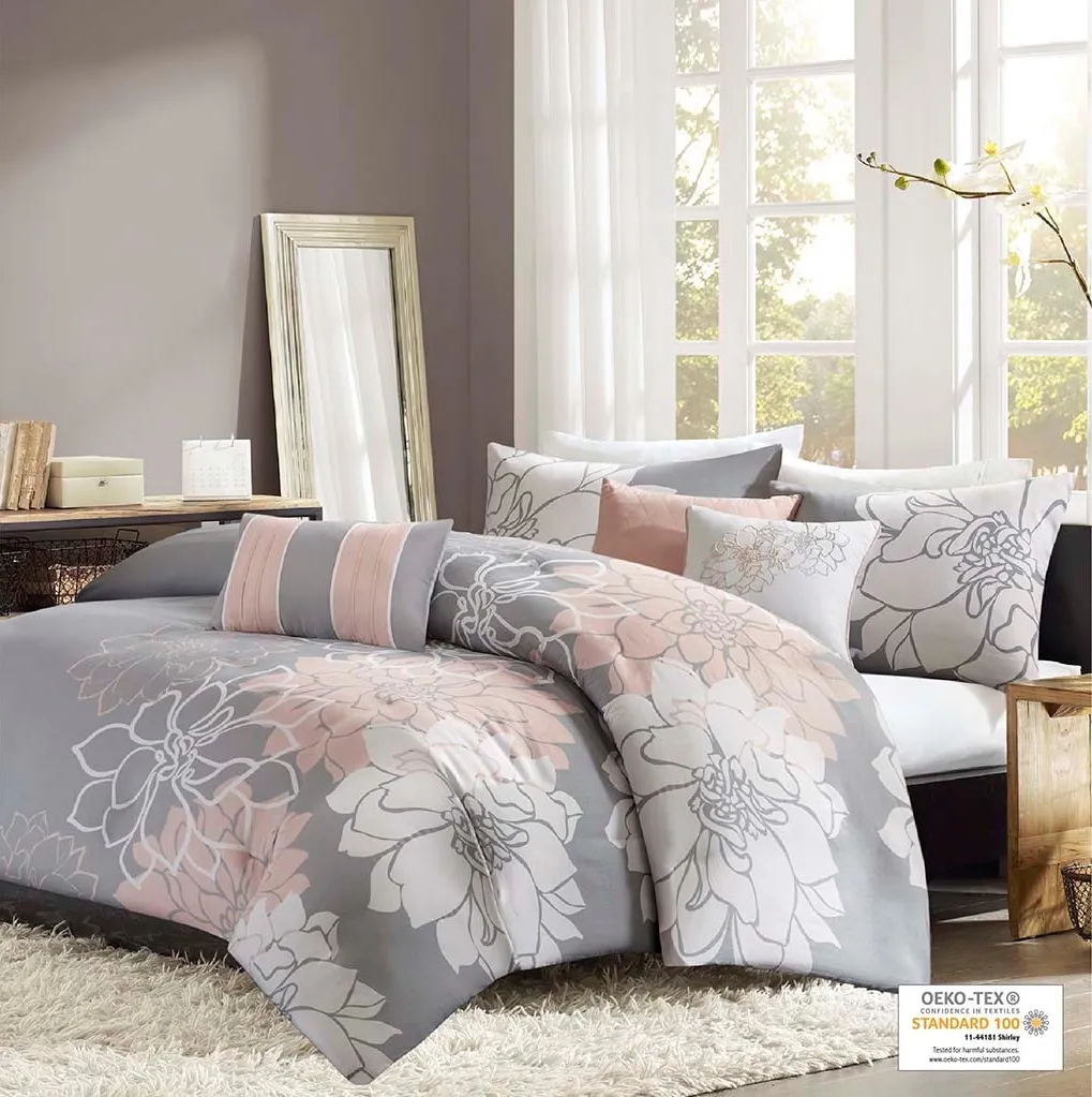 Olliix by Madison Park 6 Piece Grey/Blush Full/Queen Lola Printed Duvet Cover Set