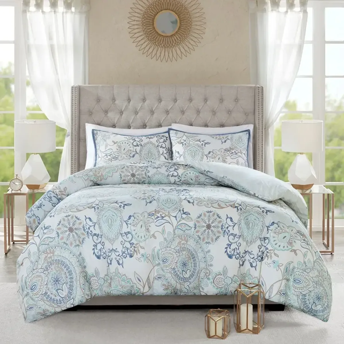 Olliix by Madison Park 3 Piece Blue Full/Queen Isla Cotton Printed Reversible Duvet Cover Set