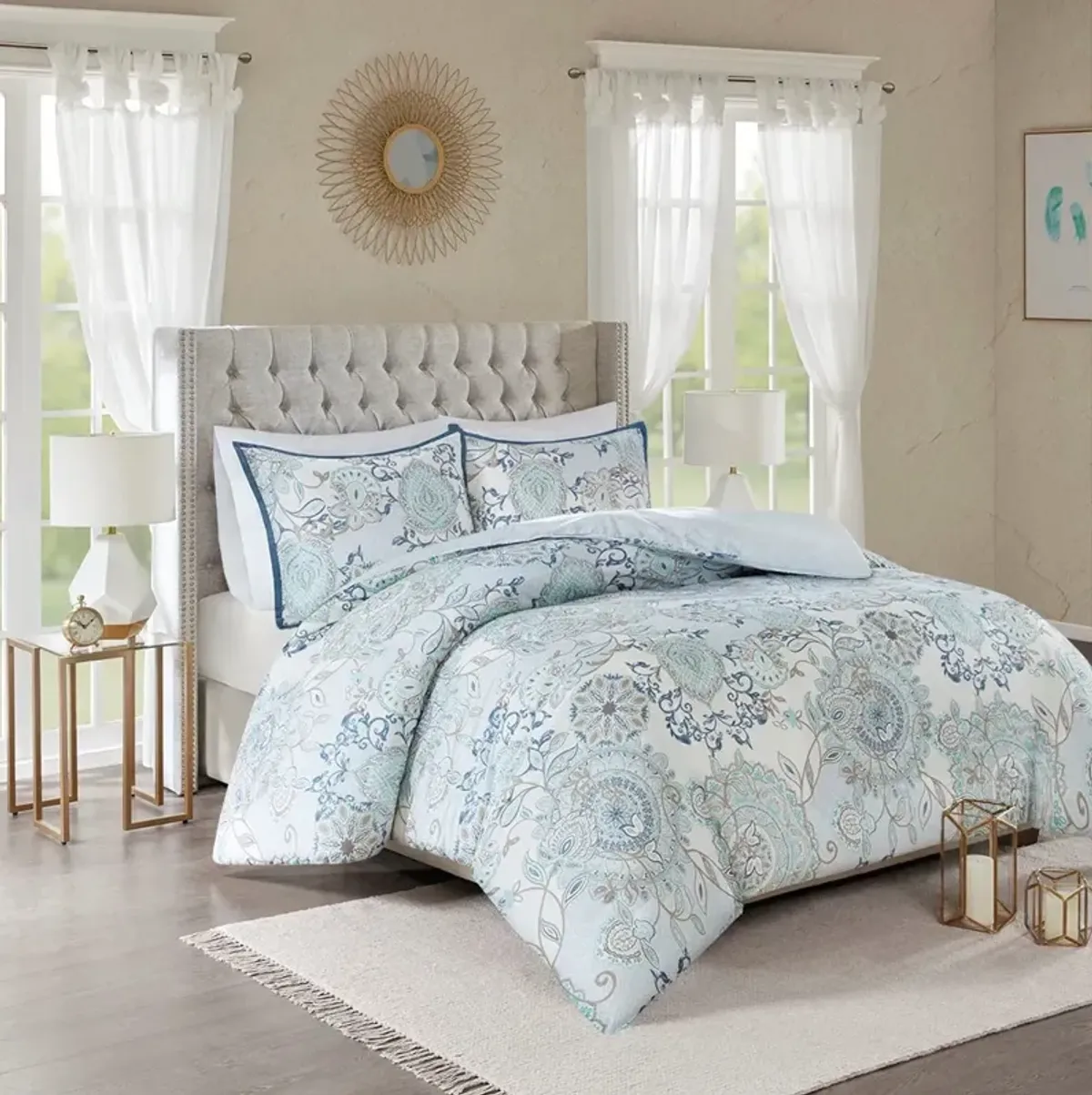 Olliix by Madison Park 3 Piece Blue Full/Queen Isla Cotton Printed Reversible Duvet Cover Set