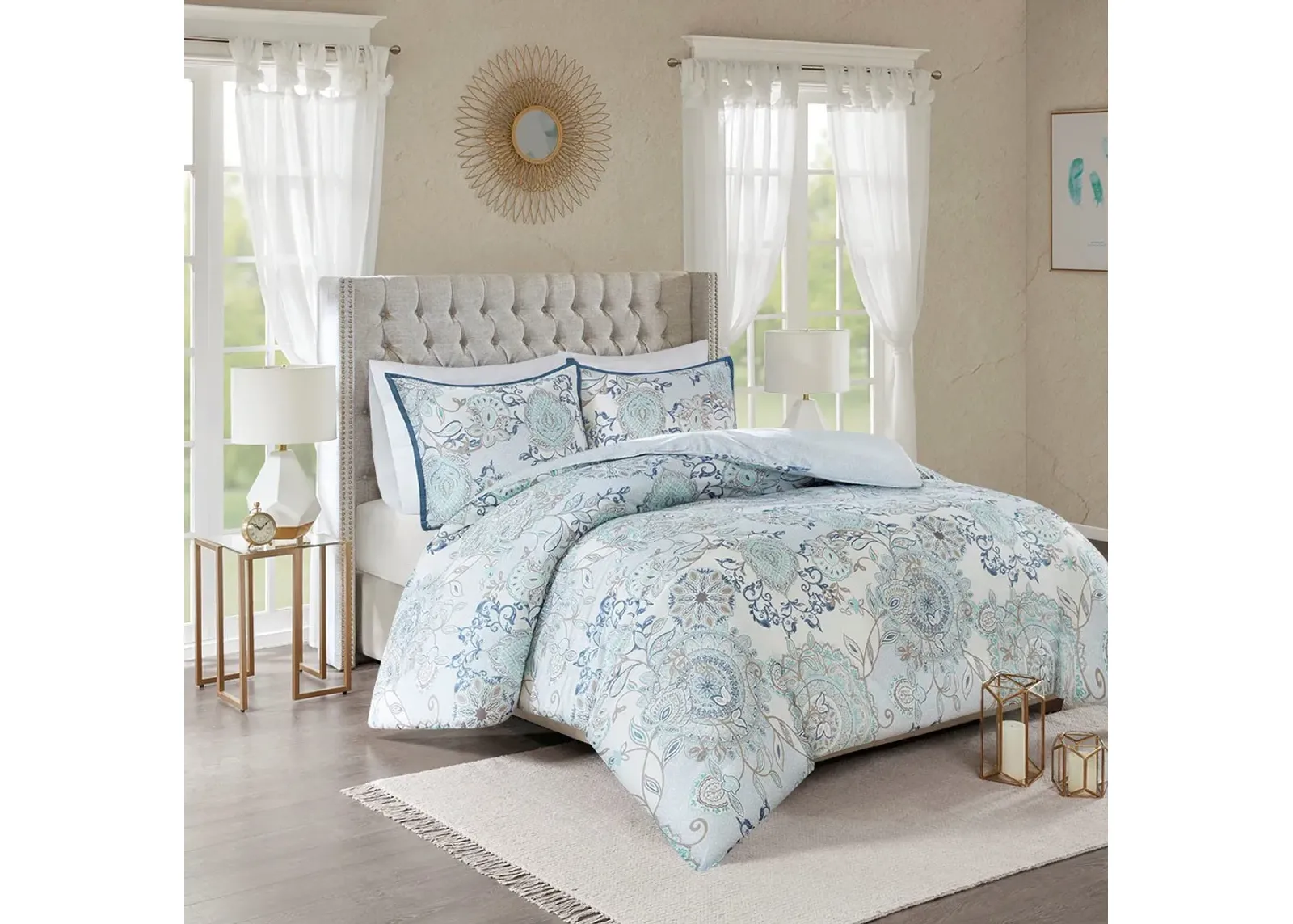 Olliix by Madison Park 3 Piece Blue Full/Queen Isla Cotton Printed Reversible Duvet Cover Set