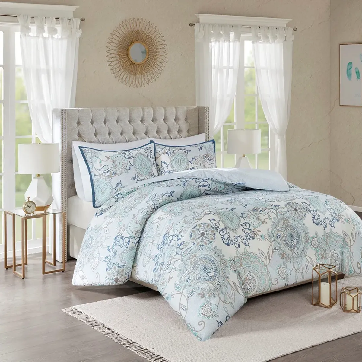 Olliix by Madison Park 3 Piece Blue Full/Queen Isla Cotton Printed Reversible Duvet Cover Set