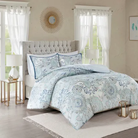 Olliix by Madison Park 3 Piece Blue Full/Queen Isla Cotton Printed Reversible Duvet Cover Set