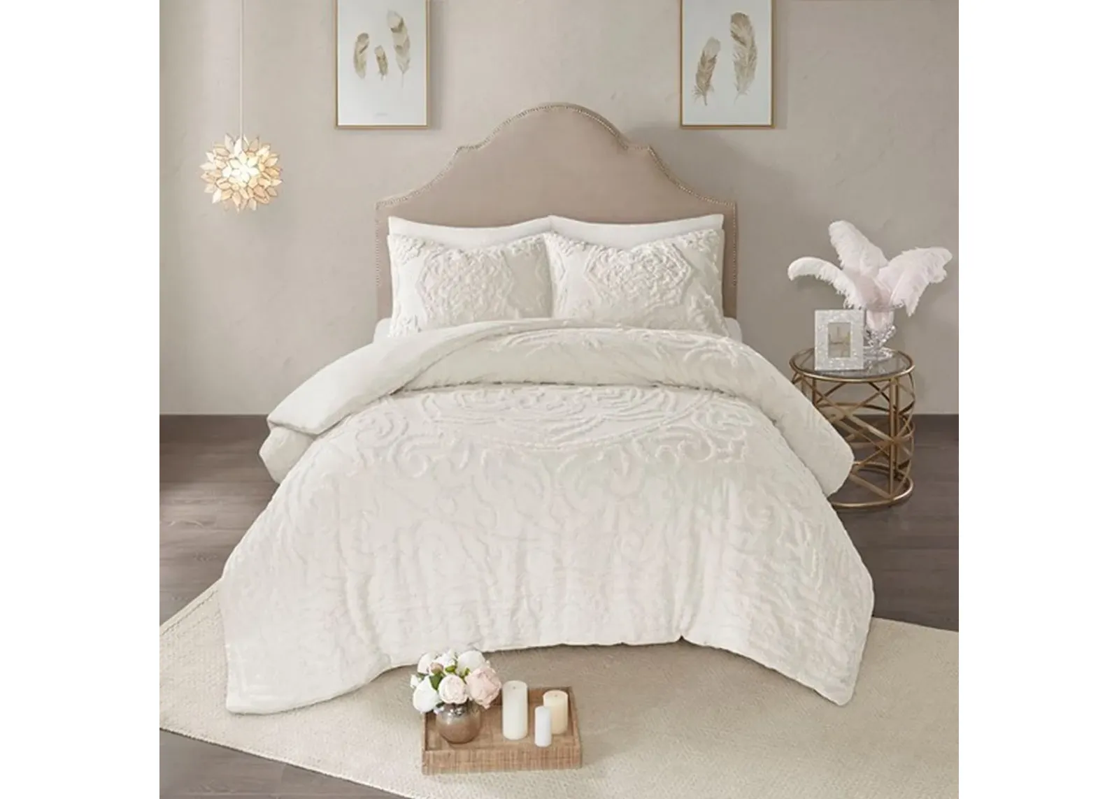 Olliix by Madison Park Ivory Full/Queen Laetitia Tufted Cotton Chenille Medallion Duvet Cover Set