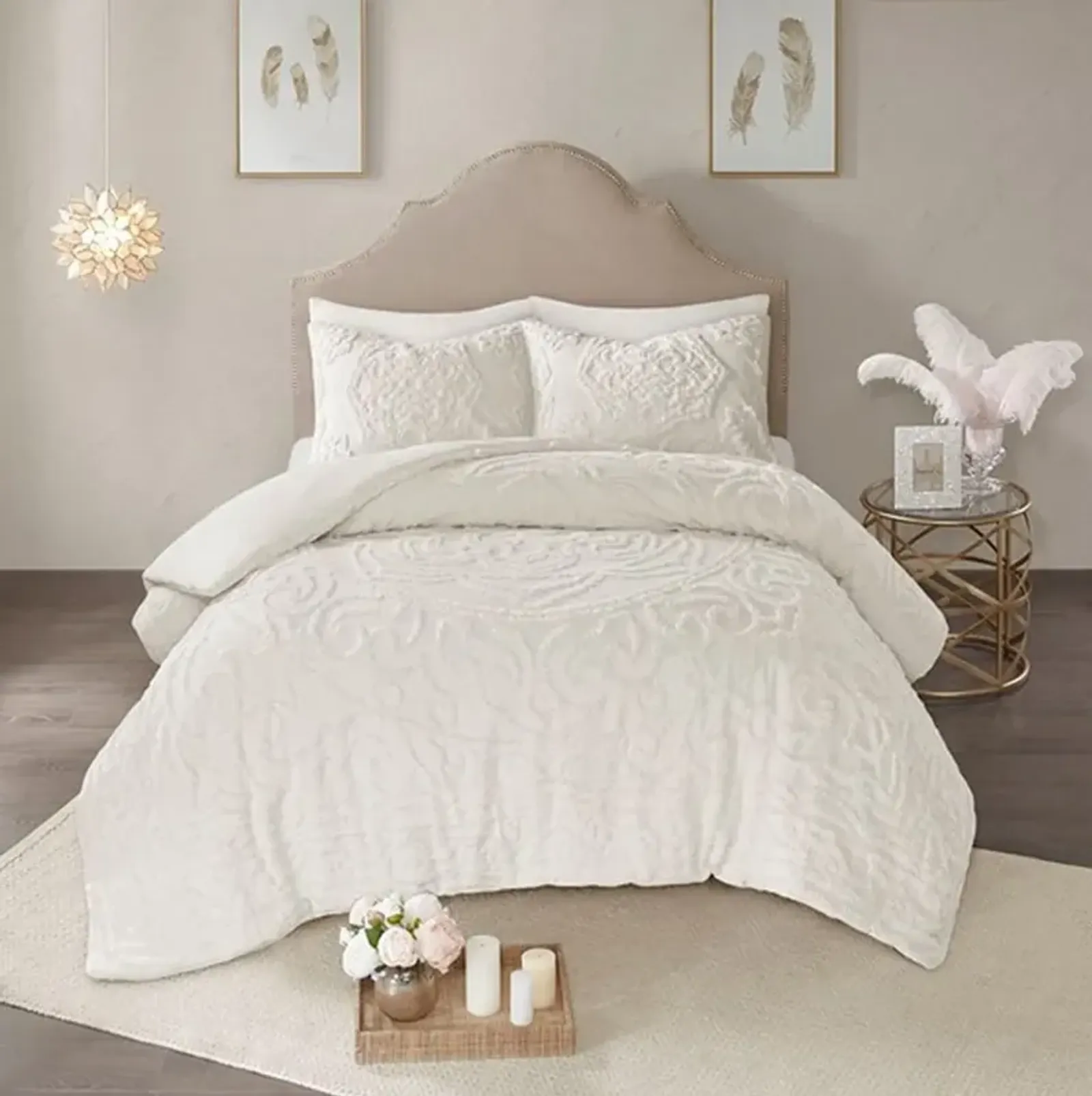 Olliix by Madison Park Ivory King/California King Laetitia Tufted Cotton Chenille Medallion Duvet Cover Set