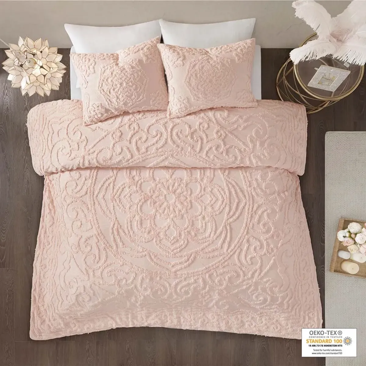 Olliix by Madison Park Blush Full/Queen Laetitia Tufted Cotton Chenille Medallion Duvet Cover Set