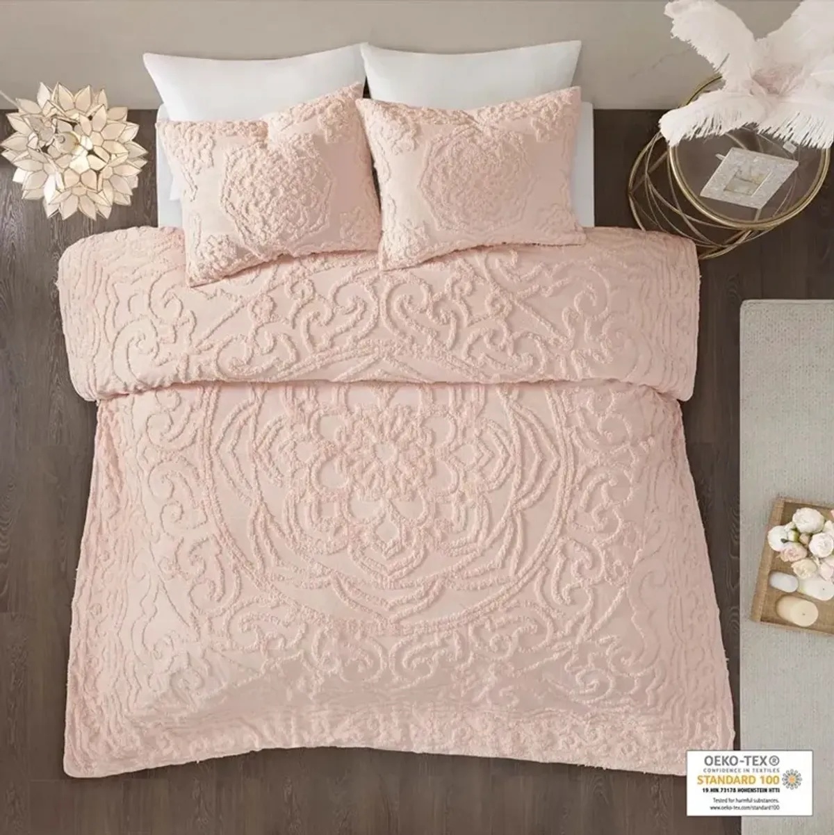 Olliix by Madison Park Blush Full/Queen Laetitia Tufted Cotton Chenille Medallion Duvet Cover Set