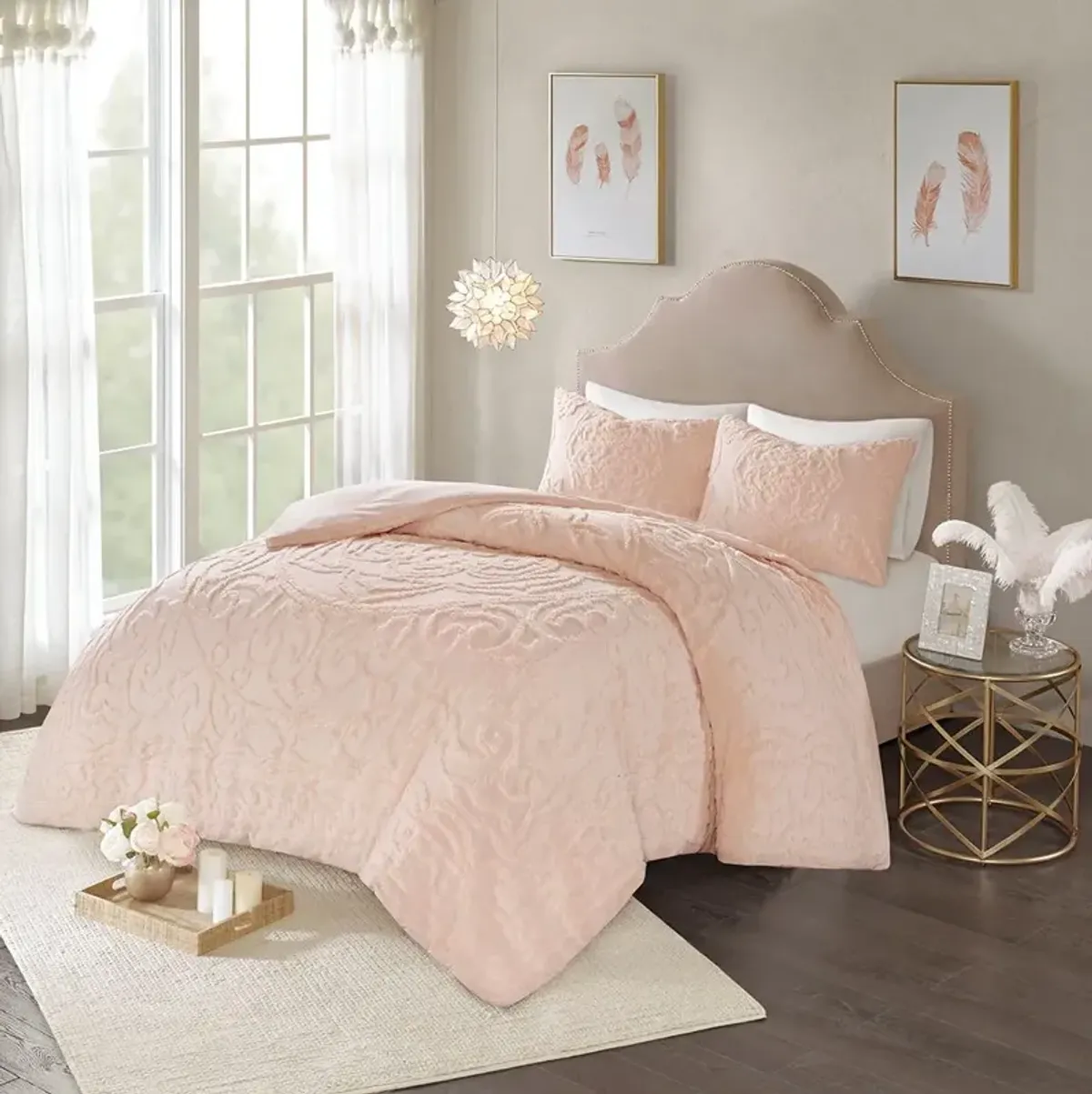 Olliix by Madison Park Blush King/California King Laetitia Tufted Cotton Chenille Medallion Duvet Cover Set