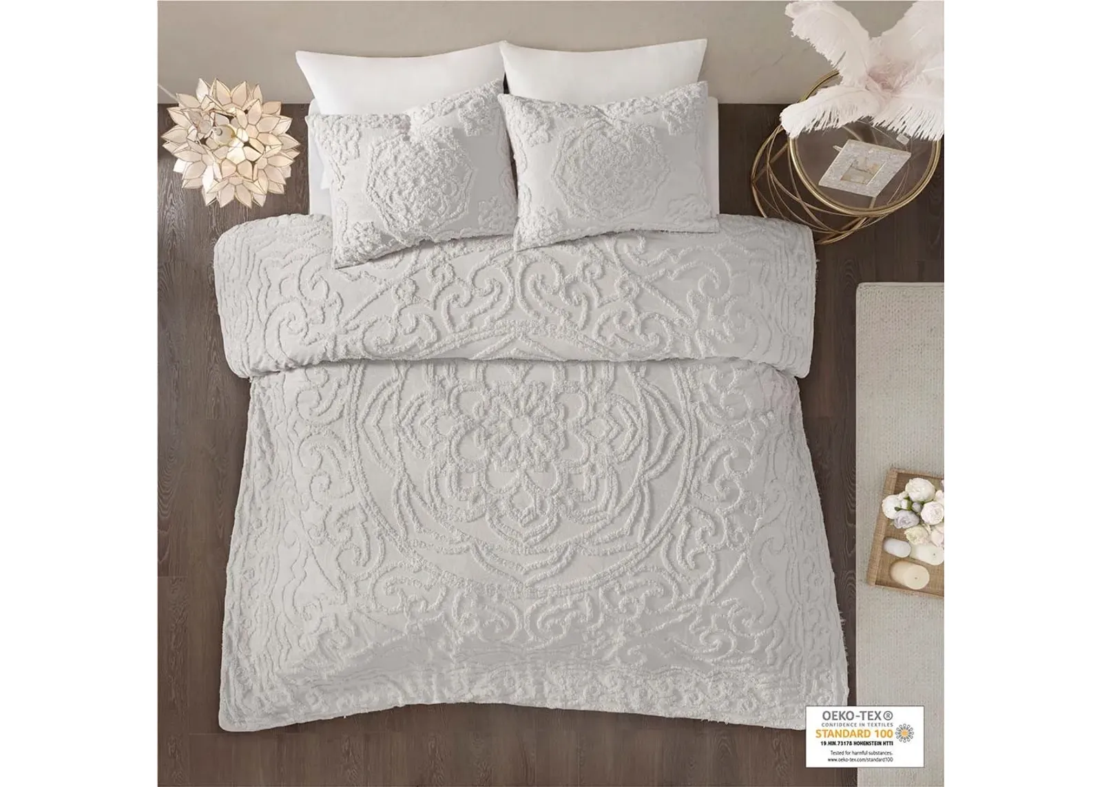 Olliix by Madison Park Grey Full/Queen Laetitia Tufted Cotton Chenille Medallion Duvet Cover Set