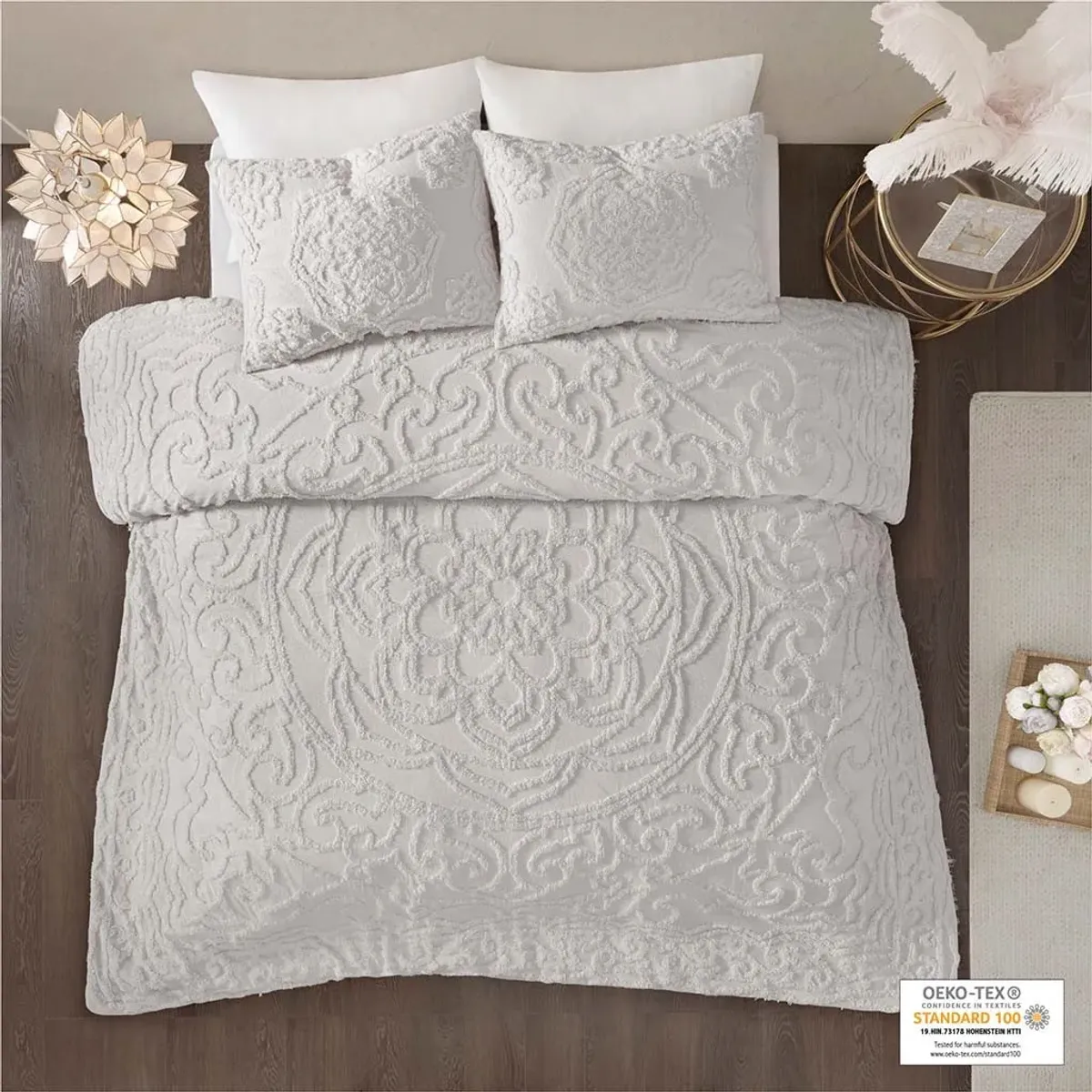 Olliix by Madison Park Grey Full/Queen Laetitia Tufted Cotton Chenille Medallion Duvet Cover Set