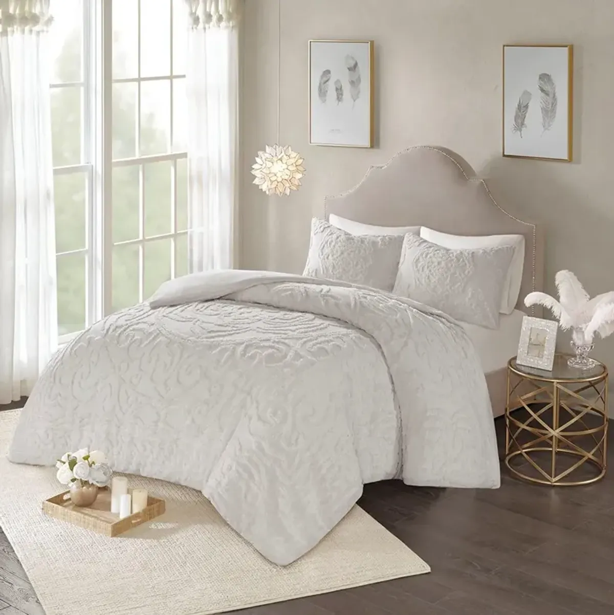 Olliix by Madison Park Grey King/California King Laetitia Tufted Cotton Chenille Medallion Duvet Cover Set