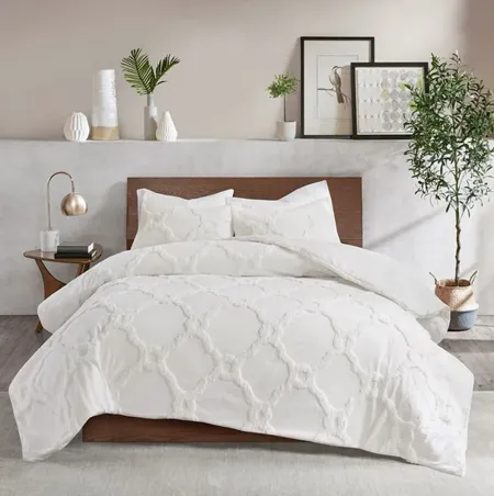 Olliix by Madison Park White King/California King Pacey 3 Piece Tufted Cotton Chenille Geometric Duvet Cover Set