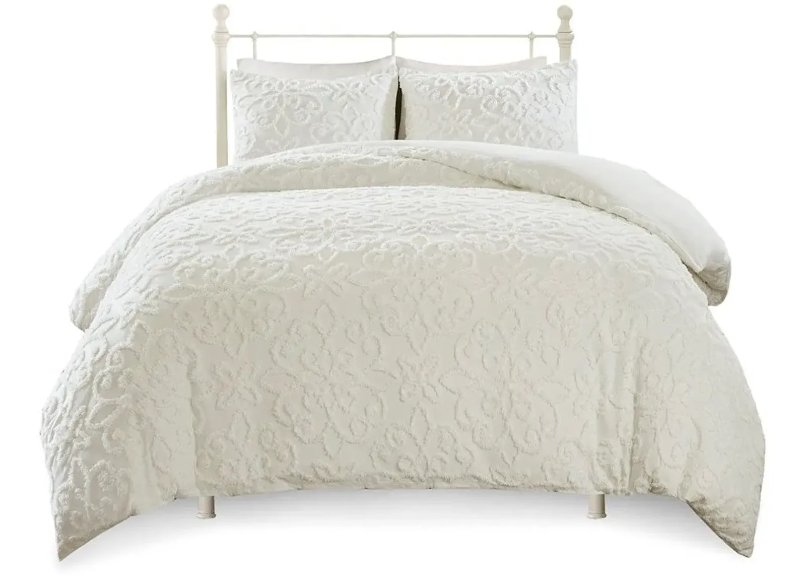 Olliix by Madison Park 3 Piece White Full/Queen Sabrina Tufted Cotton Chenille Duvet Cover Set