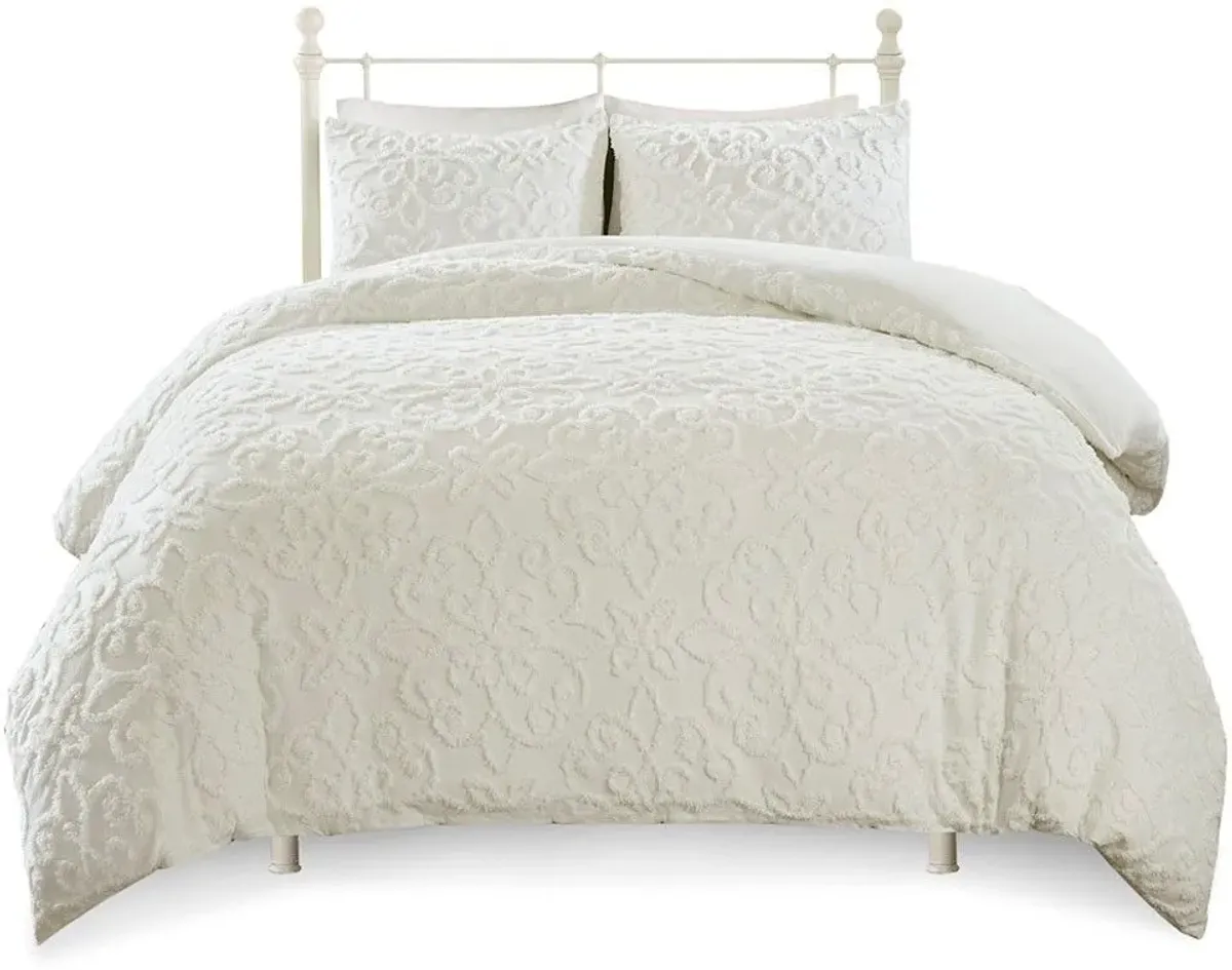 Olliix by Madison Park 3 Piece White Full/Queen Sabrina Tufted Cotton Chenille Duvet Cover Set