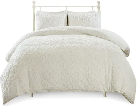 Olliix by Madison Park 3 Piece White Full/Queen Sabrina Tufted Cotton Chenille Duvet Cover Set