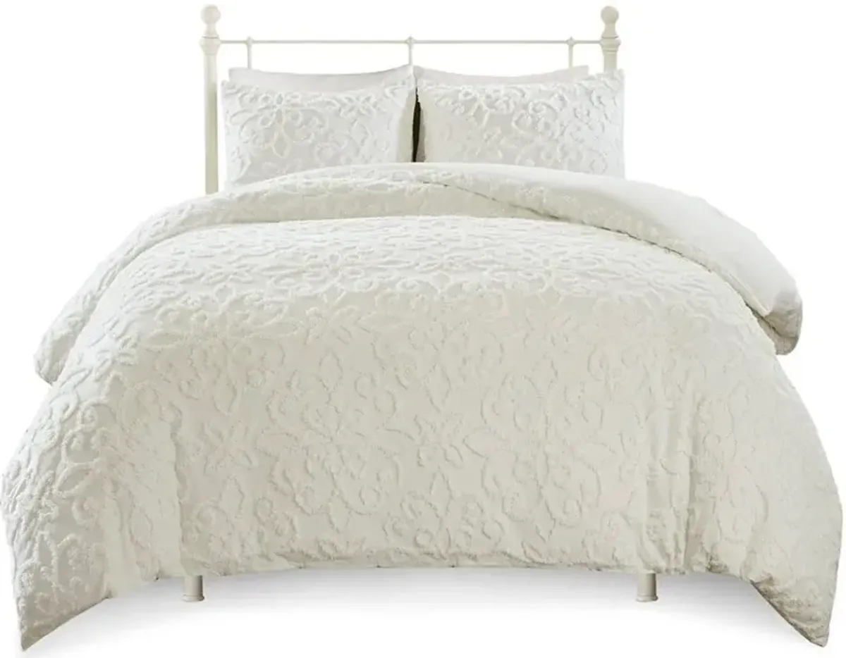 Olliix by Madison Park 3 Piece White Full/Queen Sabrina Tufted Cotton Chenille Duvet Cover Set