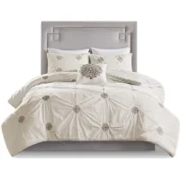Olliix by Madison Park 4 Piece Ivory Full/Queen Malia Embroidered Cotton Reversible Duvet Cover Set