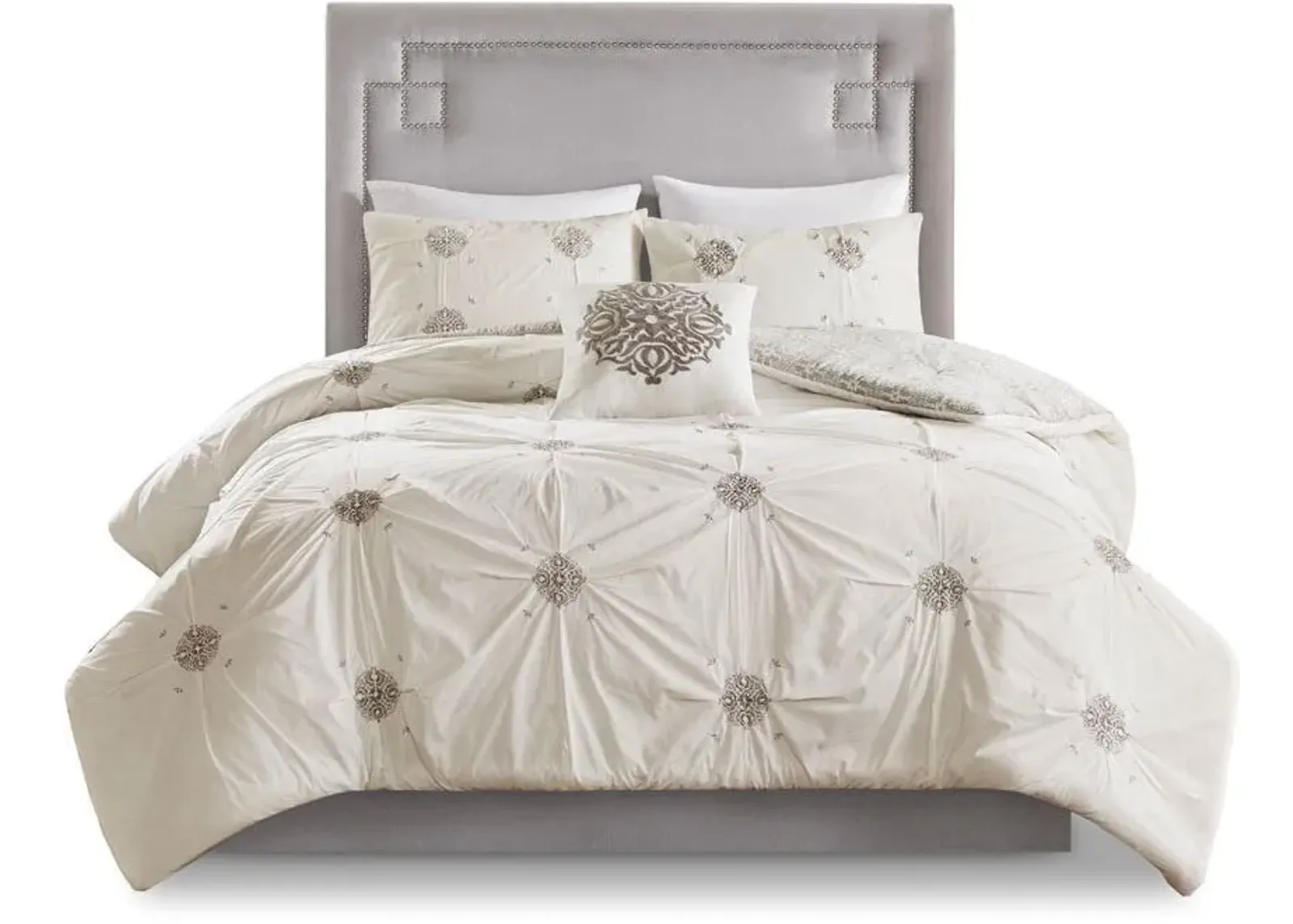 Olliix by Madison Park 4 Piece Ivory Full/Queen Malia Embroidered Cotton Reversible Duvet Cover Set