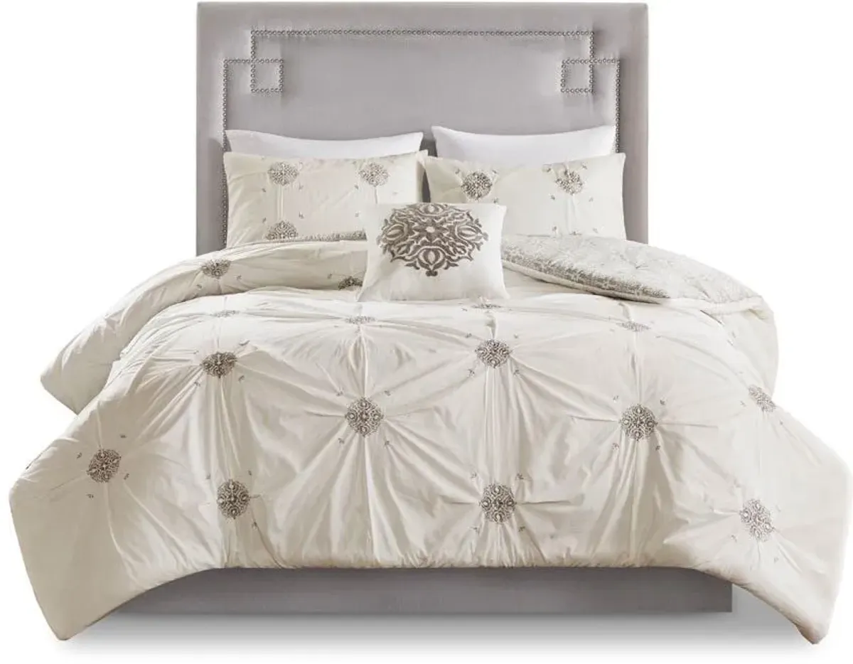 Olliix by Madison Park 4 Piece Ivory Full/Queen Malia Embroidered Cotton Reversible Duvet Cover Set