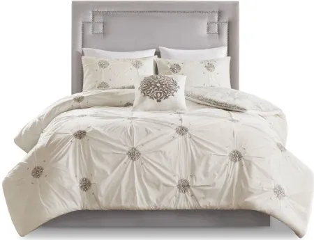 Olliix by Madison Park 4 Piece Ivory King/California King Malia Embroidered Cotton Reversible Duvet Cover Set